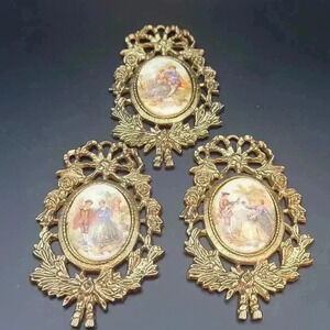 Lot Of Three Painted Porcelain Fragonard Pendants Couples Courtship Base Metal